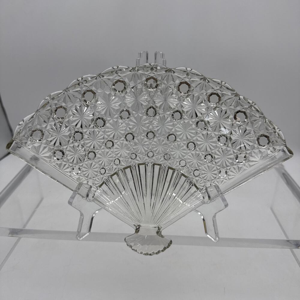 Vtg Fenton Clear Glass 10" Daisy and Button Fan Plate Vanity Tray Trinket Dish